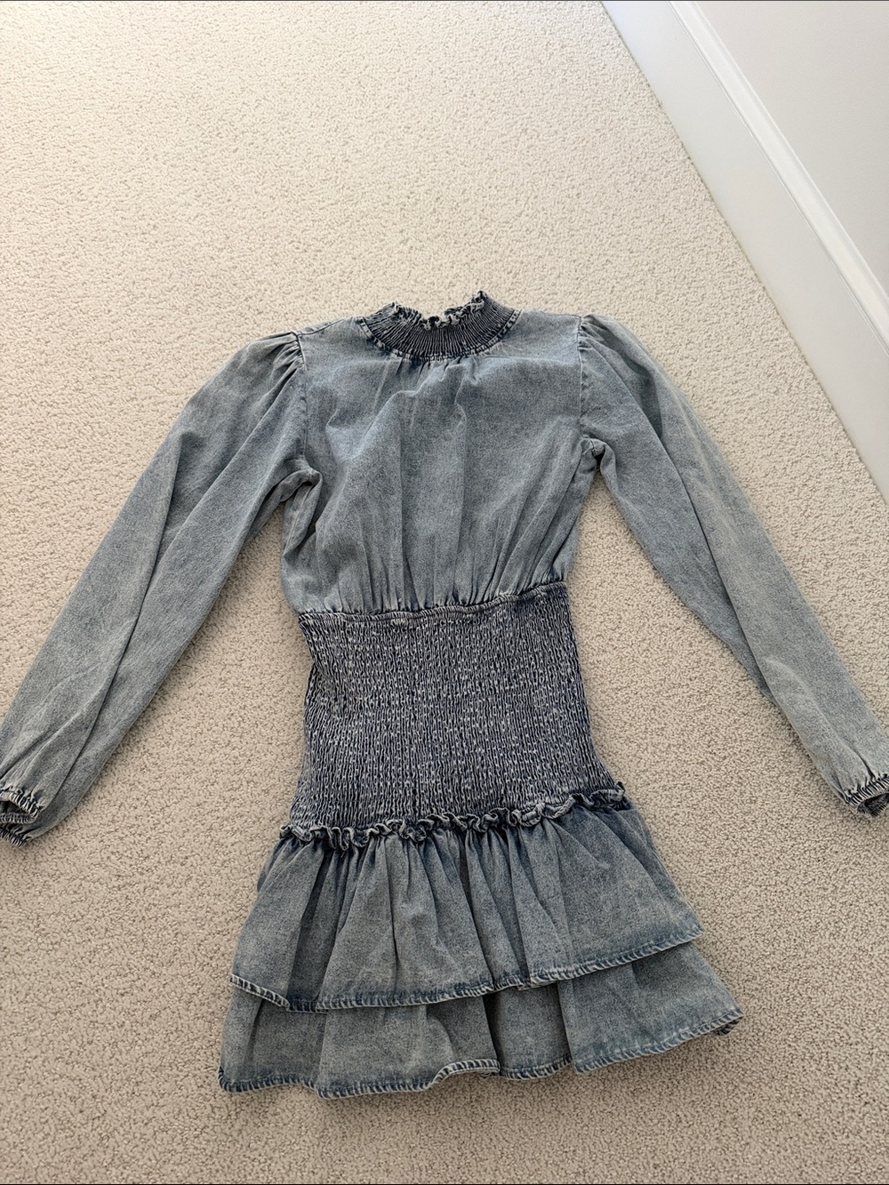Smocked Waist Denim-Look Long Sleeve Casual Dress - Blue